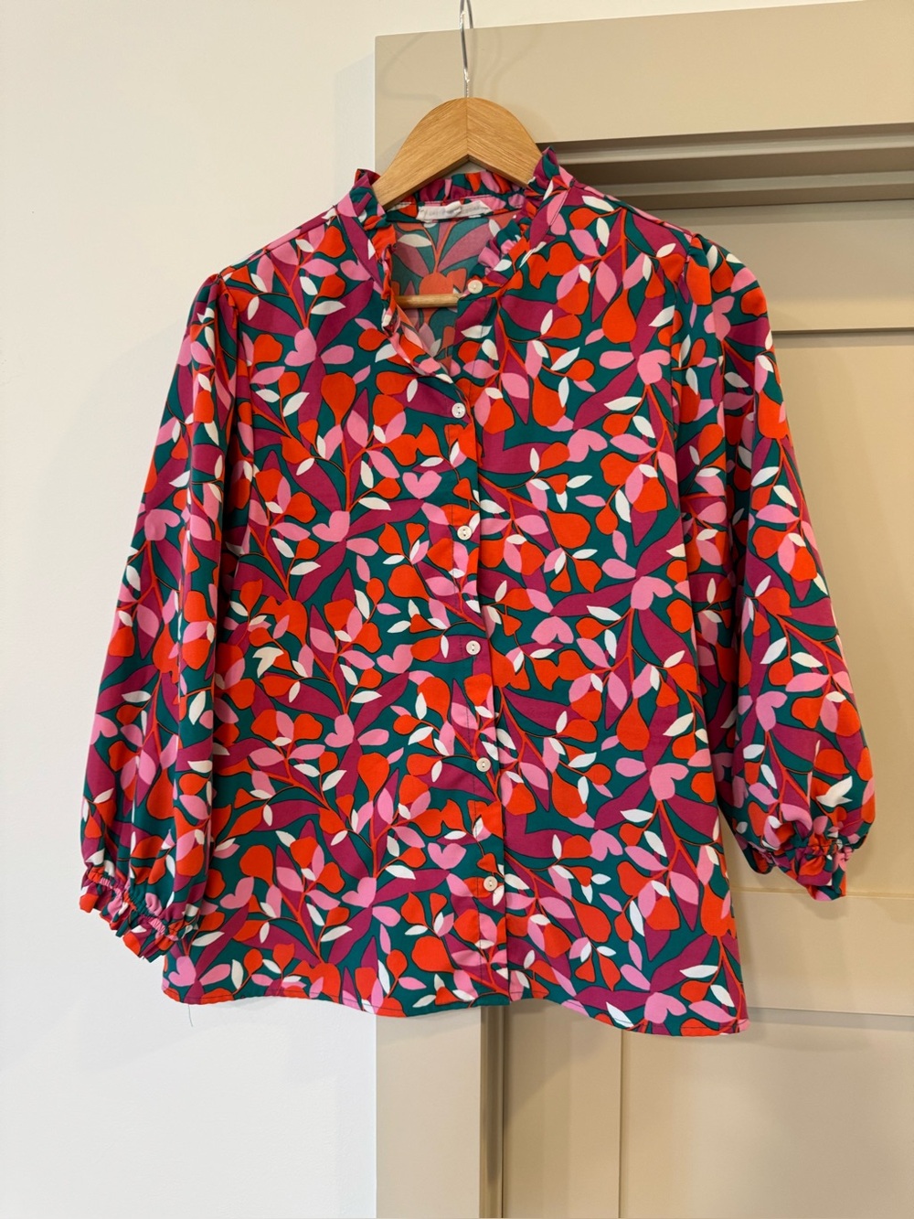 Michelle McDowell Vibrant Leaf-Print Button-Up Blouse in Pink, Red & Green